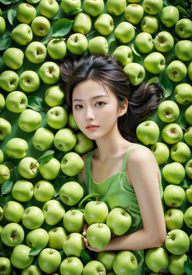 41303-1435018931-cinematic style poster,A young beautiful Chinese girl lying among a vast number of green apples,dressed predominantly in a green.png